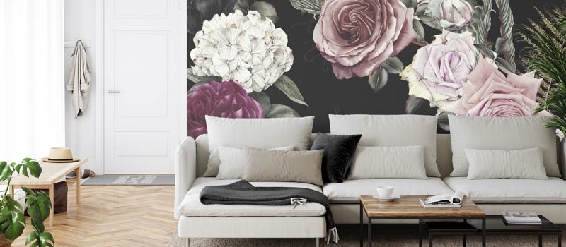 Wohnzimmer mit Vintage Blumen Tapete in großen Mustern