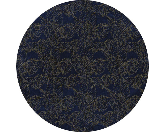 Königsblaue Blätter mit goldenen Akzenten auf einem stilvollen Wandkreis.
