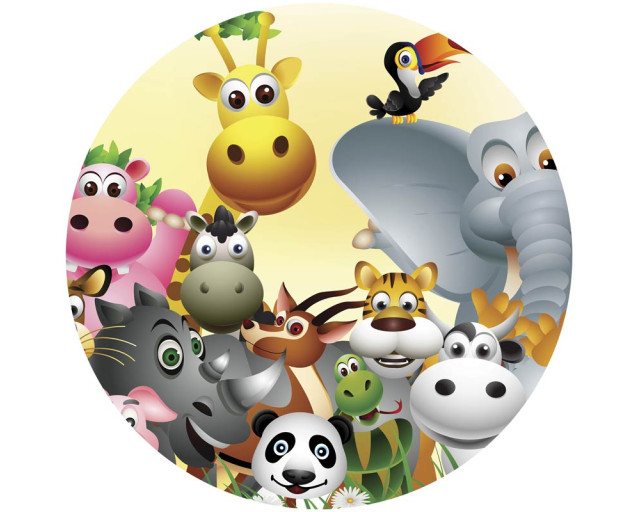 Fröhliche Tiere wie ein Hase, Igel und Vögel auf einem bunten Tapetenkreis für das Kinderzimmer.