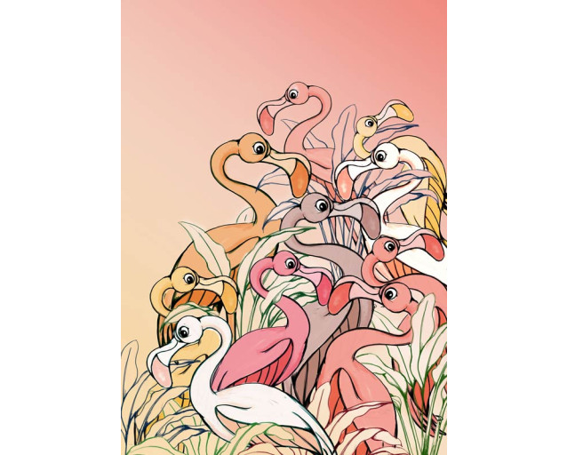 Fototapete mit bunten Flamingos, perfekt für ein Kinderzimmer mit einem exotischen Thema.