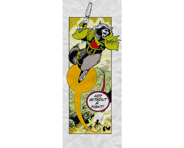 Guardians of the Galaxy Retro-Comic-Fotohintergrund mit Rocket Raccoon in Aktion.
