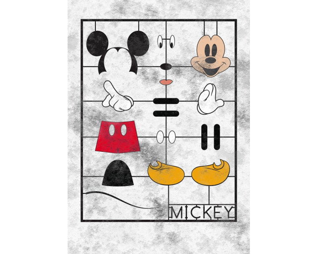 Die Fototapete Mickey Mouse Kit zeigt verschiedene dynamische Posen von Mickey Mouse in einer lebendigen und energiegeladenen Umgebung.
