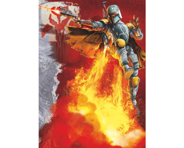 Star Wars Fototapete mit dem berüchtigten Kopfgeldjäger Boba Fett in Aktion.
