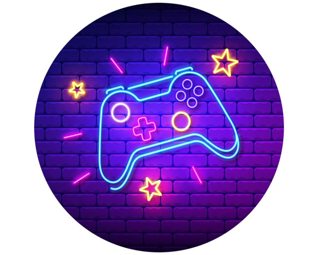 Spieltapetenkreis mit ikonischen Spielcontrollern und Neon-Akzenten. Dieser Kreis eignet sich perfekt für ein Spielzimmer und erweckt klassische Spielkonsolen zum Leben.