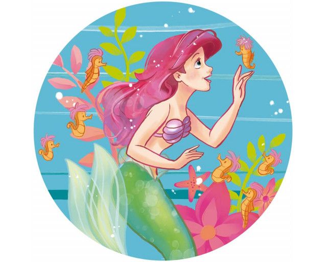 Tapetenkreis von Ariel und Seepferdchen aus Die kleine Meerjungfrau, glücklich schwimmend in einem klaren blauen Ozean.