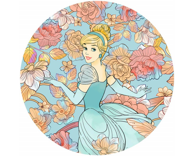 Tapetenkreis von Cinderella, die auf einem königlichen Ball tanzt, mit weichen Pastelltönen und einer märchenhaften Atmosphäre.