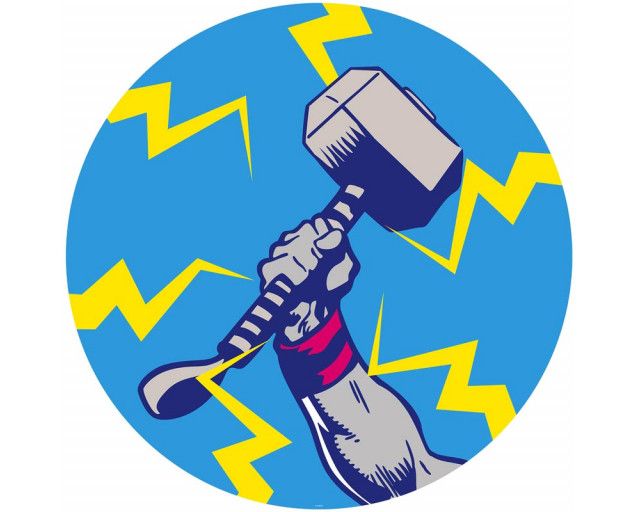 Thors Hammer im Pop-Art-Stil, kraftvoll dargestellt auf einem Marvel-Tapetenkreis.