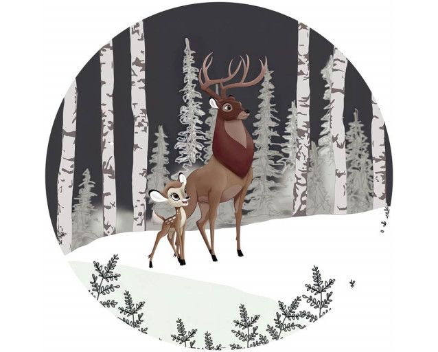 Tapetenkreis von Bambi, dem großen Prinzen des Waldes, in einer ruhigen Waldumgebung mit weichen natürlichen Elementen.