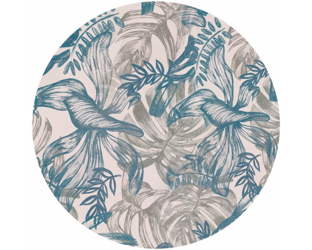 Blaue und grüne Blätter in einem abstrakten Kunstwerk, schön dargestellt auf einem Tapetenkreis.