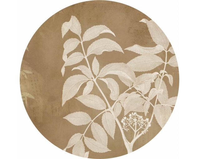 Botanische Zweige mit Blüten auf einem retro-inspirierten Wandkreis.