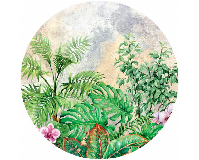 Botanische Pflanzen in einem grünen Dschungel, wunderschön auf einem Tapetenkreis wiedergegeben.