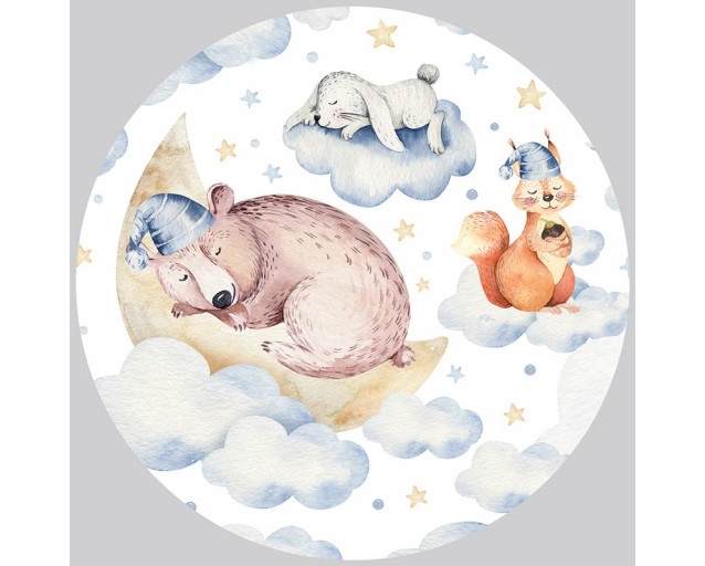 Tiere wie Bär, Hase und Eichhörnchen im Traumland auf einem niedlichen Tapetenkreis für das Babyzimmer.