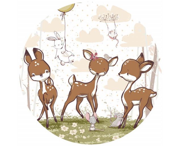 Niedliche Hirsche im Wald, perfekt für ein Kinderzimmer auf einem Wandkreis.