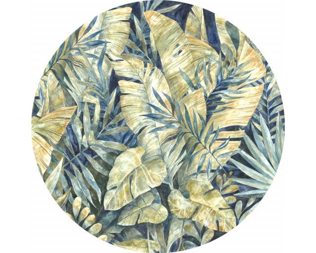 Goldene Blätter in einer üppigen Dschungelumgebung auf einem luxuriösen Wandkreis.