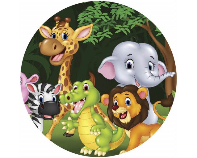 Ein Tapetenkreis mit bunten Dschungeltieren, perfekt für ein Kinderzimmer mit einem tropischen Thema.