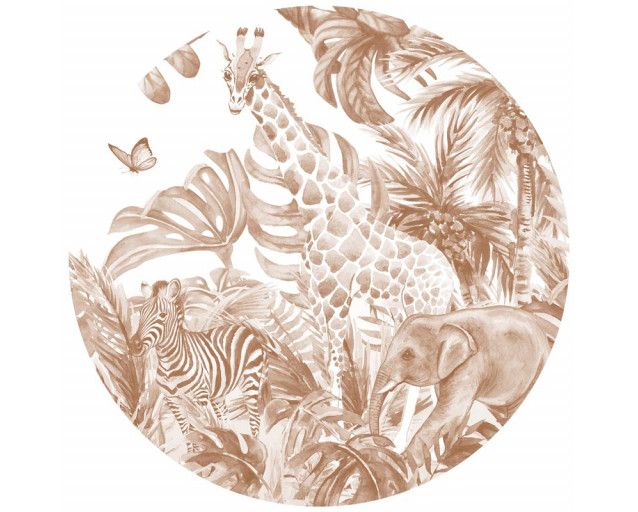 Terrakotta-Tiere in verspielter Umgebung auf einem Wandkreis.