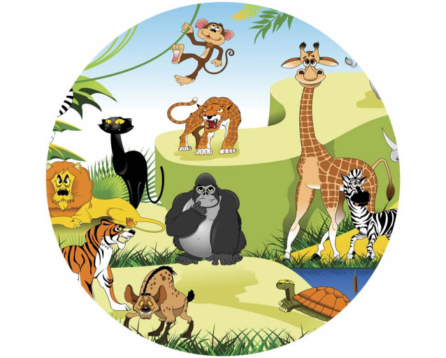 Dschungeltiere wie Affe, Leopard und Papagei auf einem Abenteuer-Tapetenkreis für Kinder.