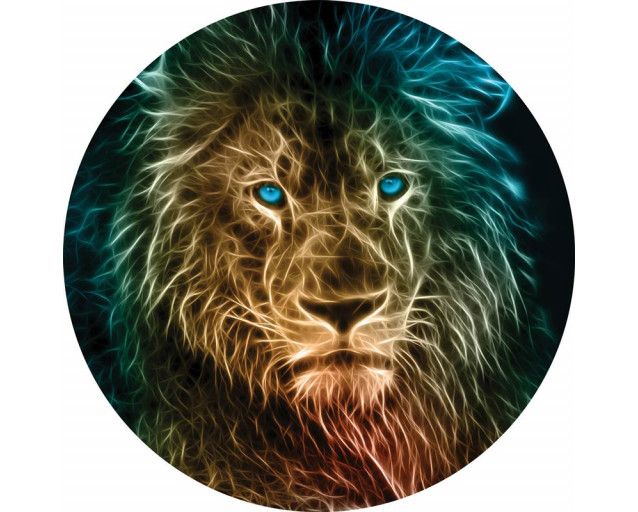 Ein Löwe mit hellen blauen Augen auf einer Tapete Kreis dargestellt, perfekt für einen kühlen Raum.