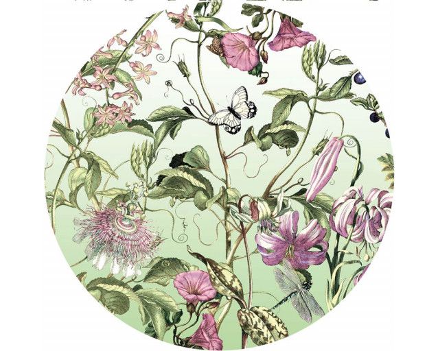 Blumen und Schmetterlinge in einem farbenfrohen Rahmen auf einem Wandkreis.