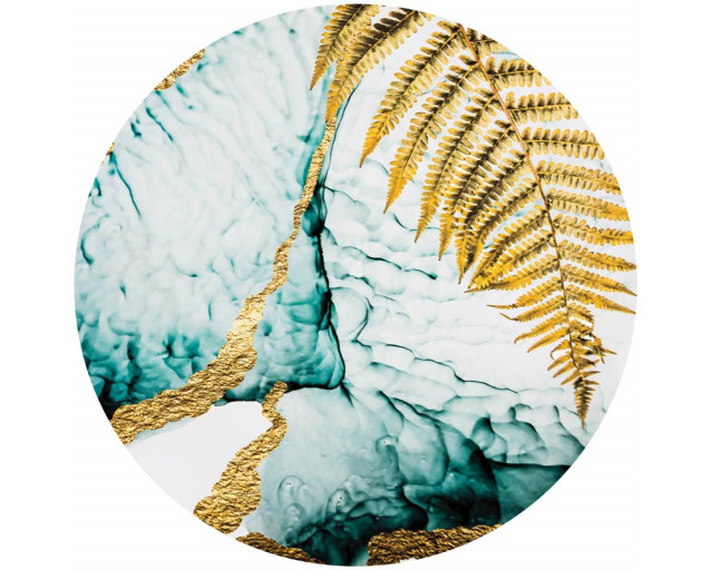 Ein luxuriöser Marmortapetenkreis mit goldenen Farnen vor einem dezenten Hintergrund.