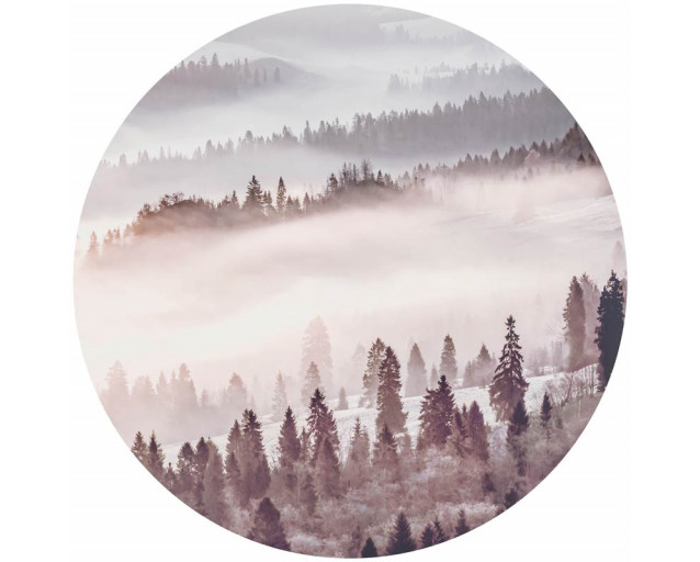 Nebliger Wald mit Bäumen, die im Nebel auf einem Wandkreis verschwinden.