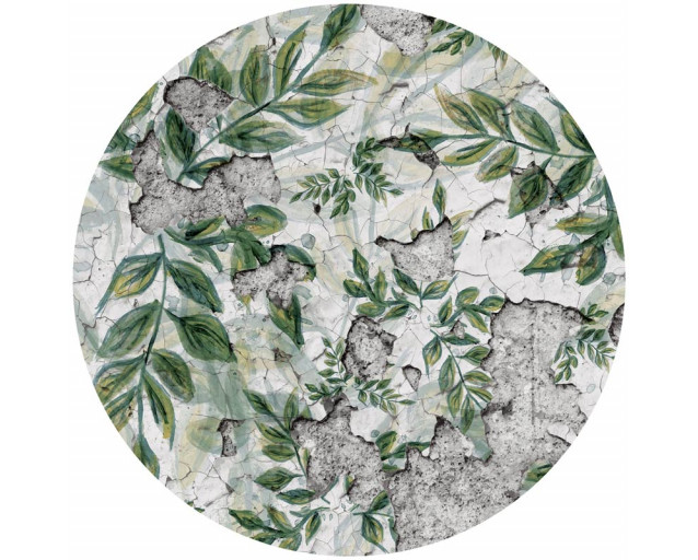 Pflanzen und Blumen auf einer Betonwand, dargestellt auf einem Tapetenkreis, mit einem industriellen und künstlerischen Gefühl.