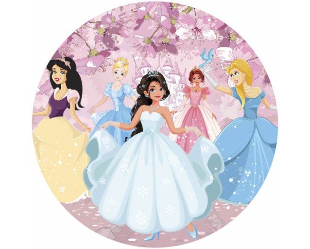 Prinzessinnen in einem Märchenschloss abgebildet auf einem dekorativen Tapetenkreis für Kinderzimmer.