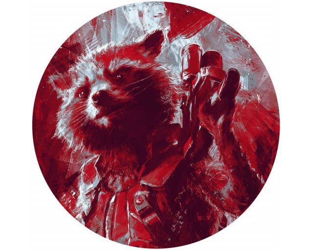 Rocket Raccoon im Malstil, abgebildet auf einem Marvel-Tapetenkreis.
