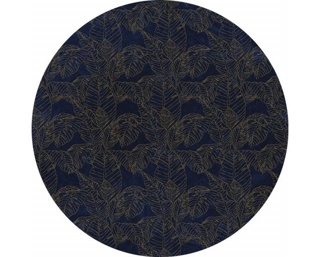 Königsblaue Blätter mit goldenen Akzenten auf einem stilvollen Wandkreis.