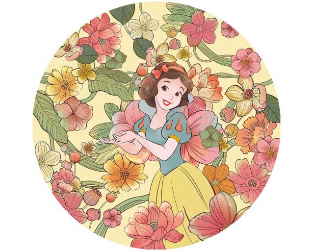 Tapetenkreis von Schneewittchen in einer Sommerblumenwiese, mit endlosen bunten Blumen und einer sonnigen Atmosphäre.