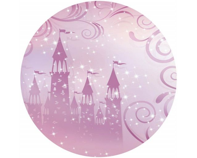 Ein rosa Märchenschloss mit einer Prinzessin, abgebildet auf einem magischen Tapetenkreis für Mädchen.