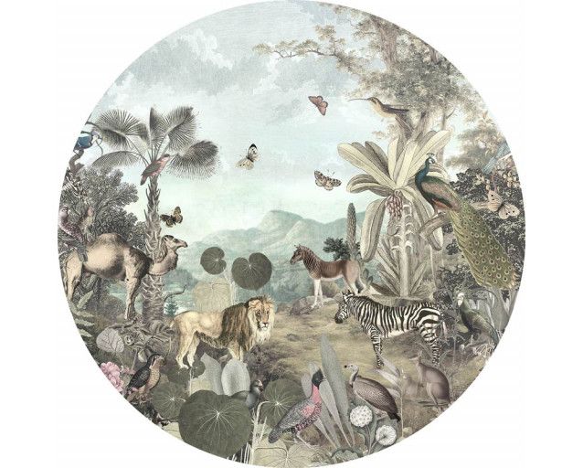 Utopie mit Tieren in einer reichen, phantasievollen Umgebung auf einem Wandkreis.