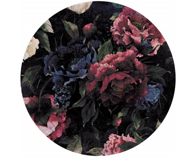 Klassisches Blumenmuster auf einem Tapetenkreis, mit detaillierten Blumen in einem malerischen Stil.