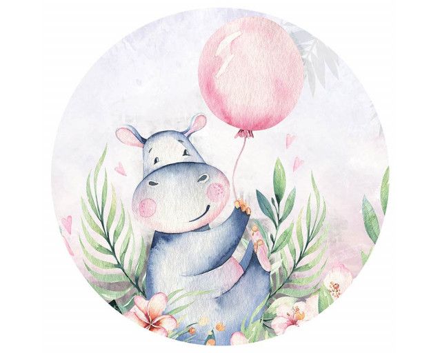 Fröhliches Nilpferd auf einem bunten Tapetenkreis, perfekt für ein verspieltes Kinderzimmer.