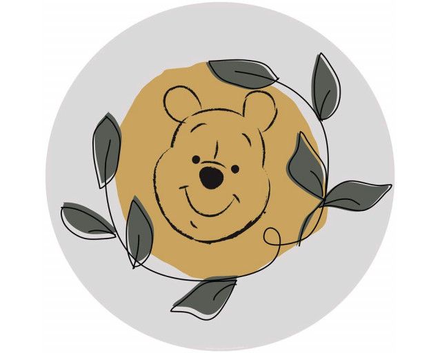 Tapetenkreis von Winnie the Pooh, in seinem charakteristischen roten Pullover, umgeben von seinen tierischen Freunden im Hundertmorgenwald.