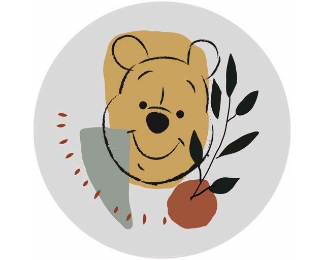 Tapetenkreis von Winnie the Pooh mit einem breiten Lächeln, in einer gemütlichen Umgebung mit Blumen und Waben.