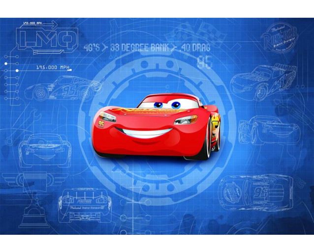 Disney Cars Blaupause Fototapete, mit technischen Details der Autos aus dem Film, speziell für das Kinderzimmer.