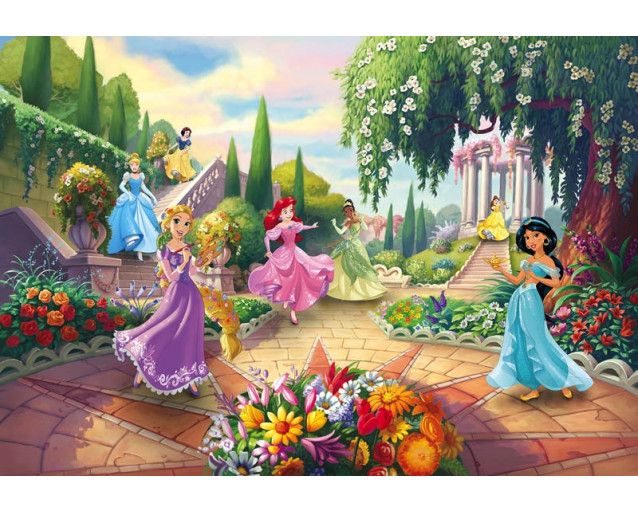 Disney Prinzessinnen Fototapete mit bunten Figuren, ideal für ein Mädchenzimmer.