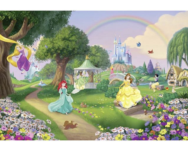 Disney-Prinzessinnen Fototapete mit einem Regenbogen im Hintergrund, speziell für ein Mädchenzimmer.