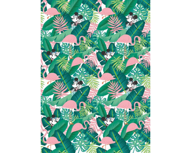 Tropische Minnie Mouse-Fototapete, mit bunten Blumen, perfekt für ein Mädchenzimmer.