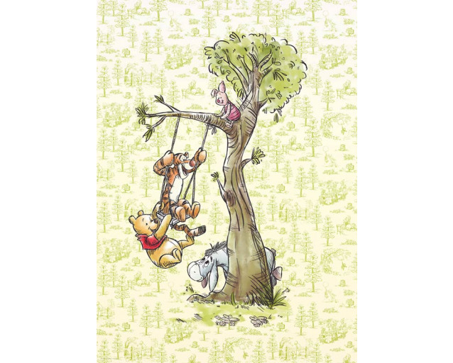 Winnie the Pooh geht durch den Wald, eine perfekte Fototapete für ein verspieltes Kinderzimmer.