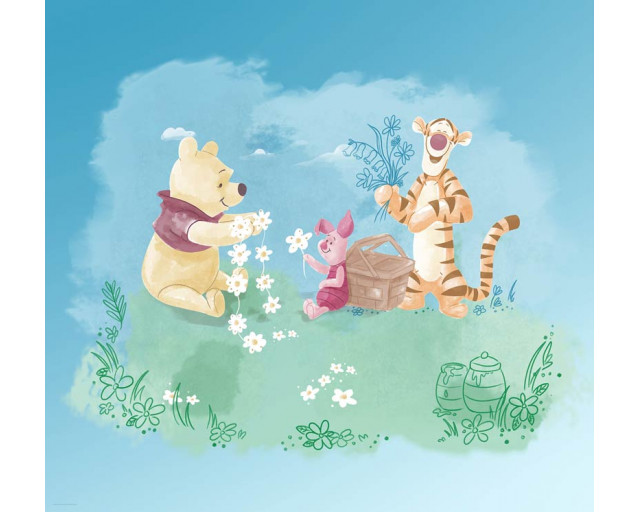 Winnie the Pooh Picknick-Fototapete, ideal für ein verspieltes und farbenfrohes Kinderzimmer.