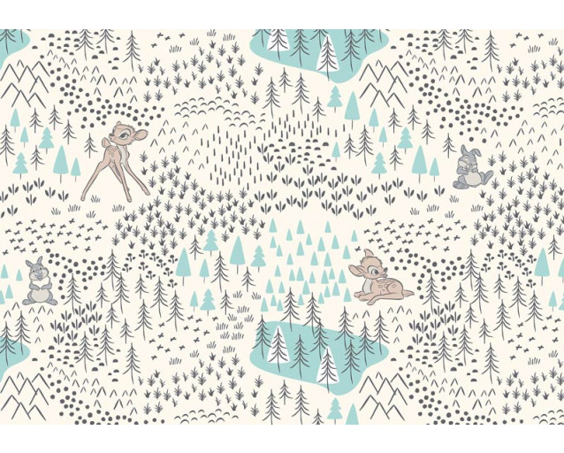 Bambi im Wald Fototapete zeigt Bambi und Thumper zu Fuß zusammen durch einen dichten Wald, umgeben von Herbstlaub und Bäumen.