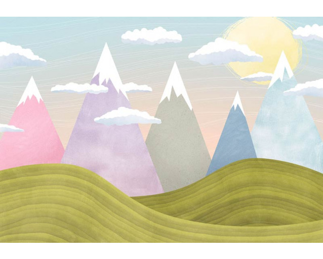 Fototapete mit verschneiten Berggipfeln, mit detaillierten Linien und Schatten für eine rustikale Atmosphäre.