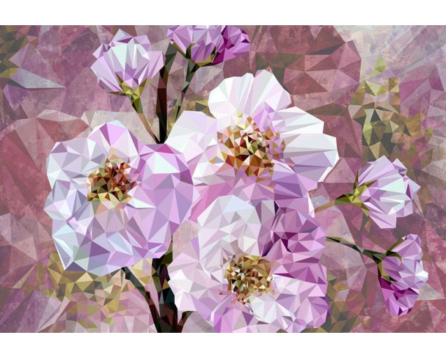 Fototapete mit blühenden Edelsteinen und Kristallblumen, gerendert in einem abstrakten Kunststil.