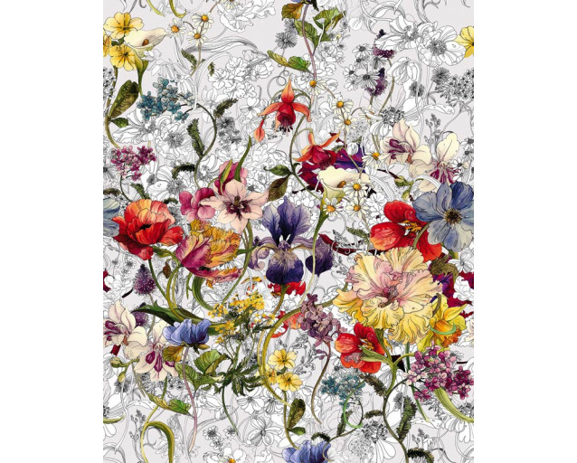 Abstrakte Blumen und Pflanzen erwachen auf dieser künstlerischen Fototapete zum Leben, ideal für einen modernen, einzigartigen Raum.