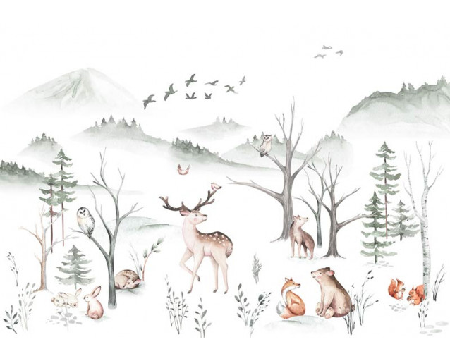 Fototapete mit Waldtieren in einer dichten Waldumgebung, mit leuchtenden Farben und natürlichen Texturen.