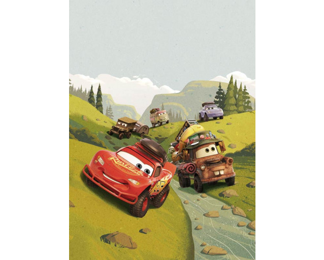 Fototapete mit einer fröhlichen Campingszene aus Disneys Cars, in der Lightning McQueen und Hook ein Campingabenteuer in der Natur erleben.