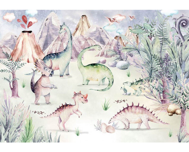 Kindertapete mit Dinosauriern, die durch einen bunten Dschungel spielen, speziell für Kinderzimmer.