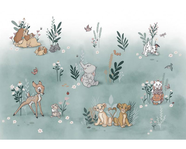 Disney Animal Friends Fototapete zeigt eine Sammlung von niedlichen Tieren aus verschiedenen Disney-Filmen, spielerisch und fröhlich dargestellt.